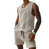 Wiaofellas  -  Beach Style Hollow Out Breathable Knitted Set Men Summer Sleeveless O Neck Tank Tops & Shorts Outfit Spring Solid Two Piece Suit