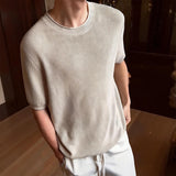 Wiaofellas  -  Men Light Luxury Knit O Neck Short-sleeved T Shirt Solid Color Leisure Streetwear Retro Knitwear Korean Popular Men's Clothing