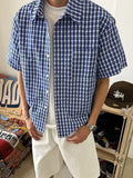 Wiaofellas  -  Trendy Mens Short Sleeve Shirt Tops Spring Summer Vintage Plaid Printing Shirts Men Casual Button-up Turn-down Collar Shirt