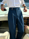 Wiaofellas  -  Men’s Solid Color Button Detail Naples Pleated High Waist Wide Leg Suit Pants, New Spring Autumn Elegant Light Business Trousers
