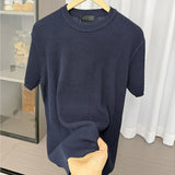 Wiaofellas  -  Luxury Textured Knit Men T-shirt Ribbed Short Sleeve O Neck Slim Fit Casaul Tees Korean Fashion Streetwear Breathable Tops M-3XL