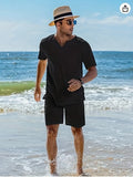 WIAOFELLAS  -  Men s Summer Clothes Solid Color Short sleeve Henley Shirt Elastic Waist Drawstring Pants 2 Pieces Loungewear Set