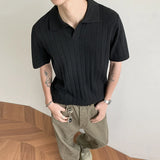 Wiaofellas  -  Summer Men V Neck Knitted Polo Shirt Retro Stripe Jacquard Solid Color Short Sleeve T-shirt Light Luxury Textured Knitwear M-3XL