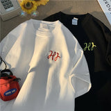 WIAOFELLAS  -  Letter Embroidered Black White T-Shirt Men's T-shirts Classic Casual Versatile Round Neck Tee Inner Short Sleeve Unisex Tops
