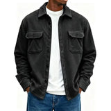 Wiaofellas  -  Men Fleece Shacket Jacket Autumn Winter Lapel Collar Coat Pockets Button Up Casual Loose Overshirt For Daily Streetwear
