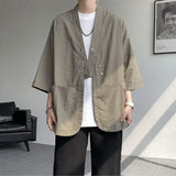 WIAOFELLAS  -  Niche Design Men's Shirts V-neck Solid Color Button Desig Ice Silk Big Pocket Casual Male Tops Summer Menswear