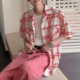 WIAOFELLAS  -  2025 Men Plaid Shirt Lapel Short Sleeve Oversize Casual Men Clothing Streetwear Pockets Korean Fashion Male Shirts S-5XL