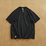 WIAOFELLAS  -  Vintage button-down short sleeve T-shirt Men's patchwork loose heavy double cotton pocket T-shirt