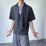 WIAOFELLAS  -  Fashion Men's Spliced Fake Two-pieve Bandage Design T-shirts Trendy loose V-neck Short Sleeves Tops Male Summer