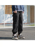 WIAOFELLAS  -  Men's Clothing Spring Autumn Solid Color Elastic High Waisted Pockets Fashionable Casual Trousers Bloomers Cargo Cropped Pants