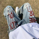 WIAOFELLAS  -  High Street Ripped Printed Jeans for Men Loose Straight Legs for Teenagers Trendy Hip-hop Long Pants