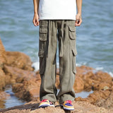 WIAOFELLAS  -  England Style Trousers Cargo Spring Autumn Solid Color Elastic High Waisted Men's Clothing Pockets Casual Retro Cropped Pants