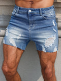 WIAOFELLAS  -  Men's blue denim shorts. The ripped and worn style is popular.