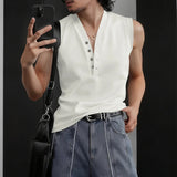 WIAOFELLAS  -  Men Tank Tops Solid Color V Neck Sleeveless Button Summer Male Vests Streetwear Knitted Fashion Casual Men Clothing