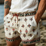 Wiaofellas  -  Beach Casual Loose Mens Shorts Summer Stylish Graphic Printed Drawstring Shorts Men Boho Vintage Patchwork Lace-up Shorts