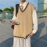 WIAOFELLAS  -  Sweater Vest Men Retro V-neck Vintage Campus Fashion Winter Japanese College DK Loose Basic Knitting All-match Trendy Chandails
