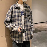 Wiaofellas  -  Trendy Harajuku Style Long Sleeve Plaid Shirt Men's Retro Casual Loose Versatile Color Block Casual Shirt Jacket for Teens