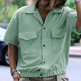 Wiaofellas  -  Streetwear Mens Casual Shirts Patchs Pockets Design Button Lapel Short Sleeve Cardigan Tops Men Summer Vintage Solid Color Shirt