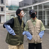WIAOFELLAS  -  Cargo High-end Vest Korean Style Streetwear Japanese Retro Functional Multi-pocket Work Solid Color Pocket Vest Jacket Aesthetic