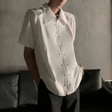 WIAOFELLAS  -  Niche Design Men's Shirts Turn-down Collar Metal Zipper Short Sleeved Loose Clothing Shoulder Padded Male Tops