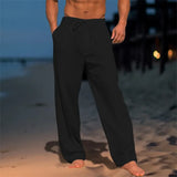 Wiaofellas  -  Men Summer Cotton Linen Drawstring Casual Pants Solid Color Loose Wide Leg Trousers Breathable Elastic Waist Daily Beach