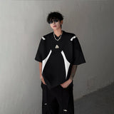WIAOFELLAS  -  Fashion Men's Spliced Metal Contrast Color Shoulder Pads T-shirts Trendy Short Sleeves O-neck Tops Male 2025 Summer