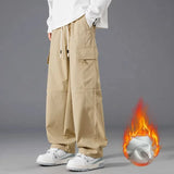 WIAOFELLAS  -  Men's Clothing Elastic Cargo Straight Trousers Solid Color High Waist Pockets Spring Autumn Drawstring Casual Loose Pants