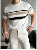 Wiaofellas  -  Contrast Color Slim Mens Short Sleeve Tops Daily Casual Striped Knitted T-shirt Summer Stylish O Neck Knit Pullover