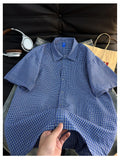 Wiaofellas  -  Summer Blue Plaid Short Sleeve Casual Shirt Men's Street Style Lazy Cool American Drawstring Half Sleeve Top Loose Fit Youth