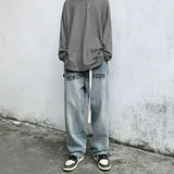WIAOFELLAS  -  Spring Autumn Baggy Jeans Men Streetwear Hip-hop Letters Embroidery Denim Loose Belt Trousers Retro Wide-leg Pants Jeans Print