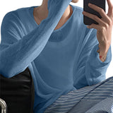 WIAOFELLAS  -  Men T Shirt Solid Color Knitted O-neck Long Sleeve Loose Male Tee Tops See Through Sexy Fashion Casual Men Clothing