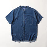 Wiaofellas  -  Silky Thin Summer Mens irt Stand Collar Open Cardigan Breathable Lyocell Denim ort Sve Trendy Casual Loose Fit Pure Color