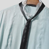 Wiaofellas  -  Men Shirt Lace Patchwork Long Sleeve Stand Collar Men Clothing Tops With Belt Streetwear Fashion Casual Male Shirts