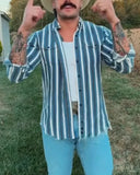 Wiaofellas  -  Men's Retro Western Striped Shirt Casual Short Sleeve Button-Up Cowboy Style Shirt