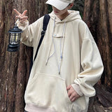 WIAOFELLAS  -  With Hat Hoodies Men Loose Chic Solid Drawstring Hooded Hoodie Simple All-match Spring Fashion Leisure Kangaroo Pocket Harajuku