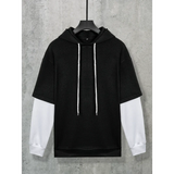 WIAOFELLAS  -  Men Fake Two Piece Hooded Sweatshirt Color Block Patchwork Trendy Top Autumn Winter Loose Fleece Lined Pullover Hoodie