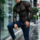 Wiaofellas  -  Autumn Warm Transparent Mesh High Neck Pullover Mens Daily Outdoor Slim Fit Long Sleeve Tops For Male Streetwear Vintage