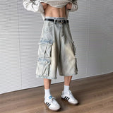 WIAOFELLAS  -  High Street Men's Jeans Big Multi-pockets Solid Color Wide Leg Worn-out Bottom Straight Washing Male Denim Shorts
