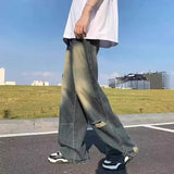 Wiaofellas  -  Men Hip Hop Ripped Hole Jeans Korean Casual Pants High Street Straight Loose Wide Leg Jeans Vintage Blue Baggy Jeans