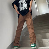 WIAOFELLAS  -  Spring American Cargo Pants Men Vintage Loose Skinny Straight Brown Jeans High Street Hems Zippered Denim Trousers