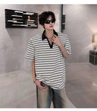 WIAOFELLAS  -  Trendy Men's Striped Contrast Color Shoulder Pads Loose T-shirts Fashion Casual Short Sleeves Lapel Tops Male Summer