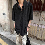 WIAOFELLAS  -  Fashion Men Solid Color Pleated Embroidery Lapel Loose Shirt Trendy Short Sleeve Single-breasted Shirts Male Summer