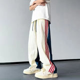 WIAOFELLAS  -  Fashion Men's Spliced Striped Contrast Color Casual Pants Trendy Summer Straight Drawing Loose Trousers Male