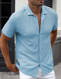 Wiaofellas  -  Men'sSolid Color Textured Short Sleeve Shirt Summer Casual Business Lapel Button Down Top Breathable Comfortable Top