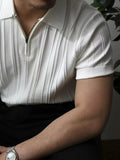 Wiaofellas  -  Vintage Striped Ribbed Polo Shirts Men Fashion Turn-down Collar Zip-up T Shirts Summer Mens Clothes Casual Short Sleeve Pullover