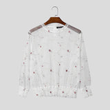 Wiaofellas  -  Men's T Shirt Mesh Flower Embroidery See Through Male Vests Streetwear Summer Sexy Long Sleeve O-neck Men Clothes