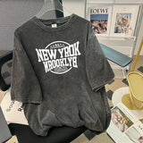 WIAOFELLAS  -  Retro Washed Cotton T-Shirt Summer Loose Short Sleeve Printed Couple Style Crew Neck Top for Men Women Vintage Look Tee