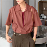 WIAOFELLAS  -  Men's Shirt Lapel Short Sleeve Solid Casual Men Clothing Loose Korean Style Streetwear Shirts Fashion Male Tops S-5XL