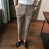 Wiaofellas  -  British Retro Slim Straight Trousers Plaid Casual Pants Men