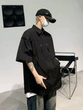 Wiaofellas  -  Zipper shoulder pad shirt men's short sleeve loose vibe high street shirt summer trend design feeling half sleeve daily jacket